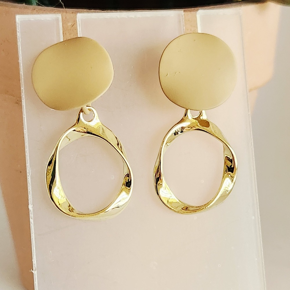Tan and‎ Gold Geometric Twisted Hoop Drop Earrings Minimalist Modern Studs